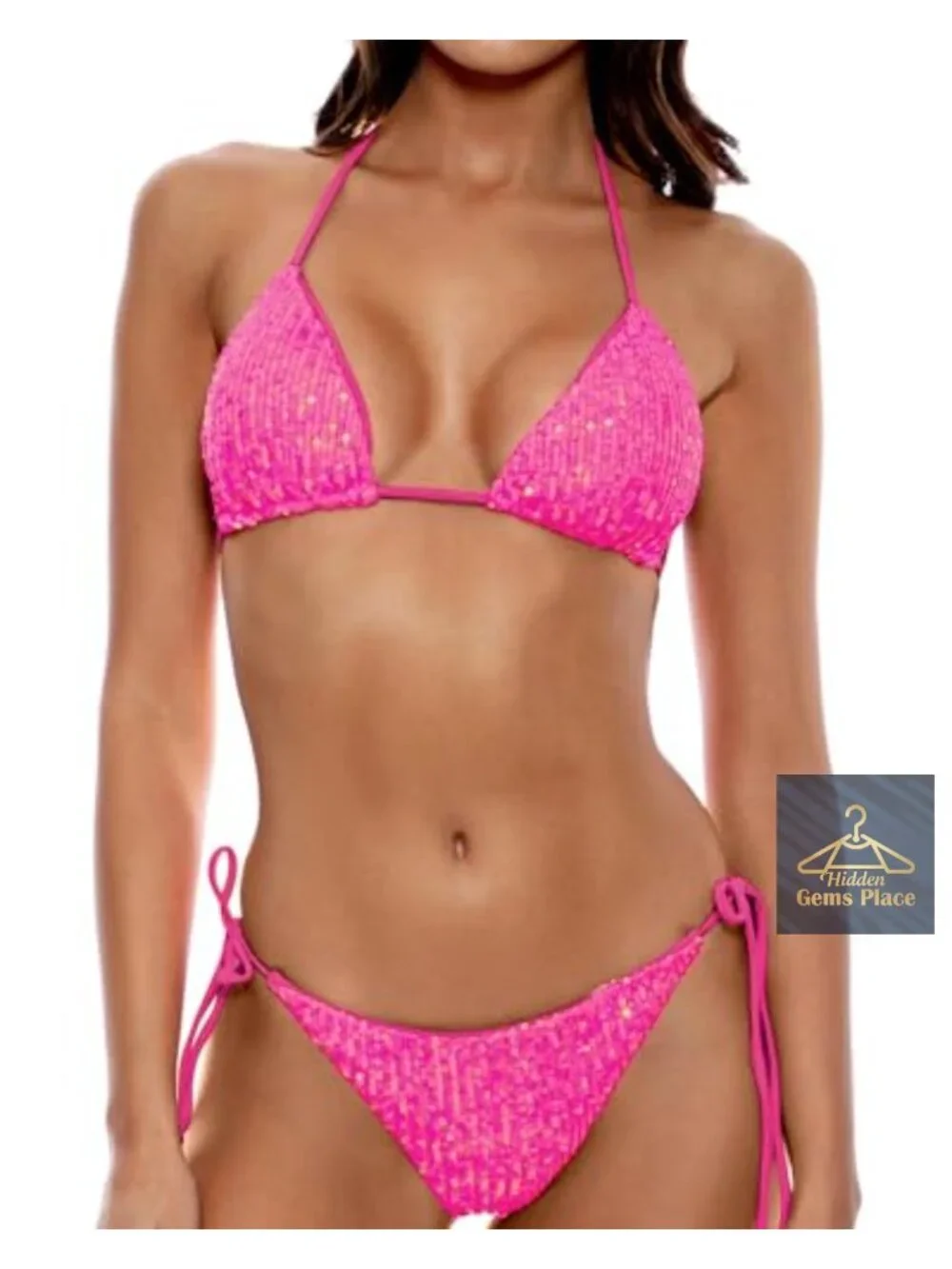 Sequin Triangle Bikini Set Halter 2 Piece High Cut Swimsuit Padded
